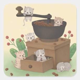 Kaffeemaschine & Kittens Illustration Kunst Quadratischer Aufkleber