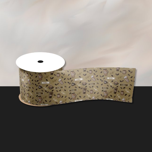 Kaffeemaschine-Muster und Word Art Ribbon Satinband (Coffee art pattern beige ribbon .)