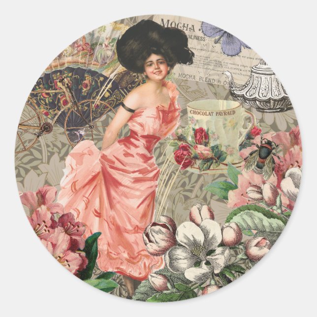 Kaffeemaschine Viktorianische Frau Rosa Klasse Runder Aufkleber (Vorderseite)