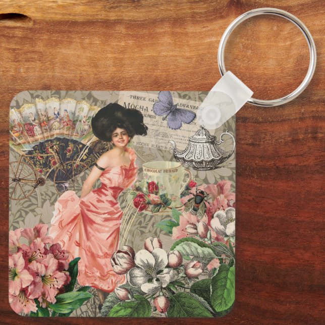 Kaffeemaschine Viktorianische Frau Rosa Klasse Schlüsselanhänger (Rückseite)