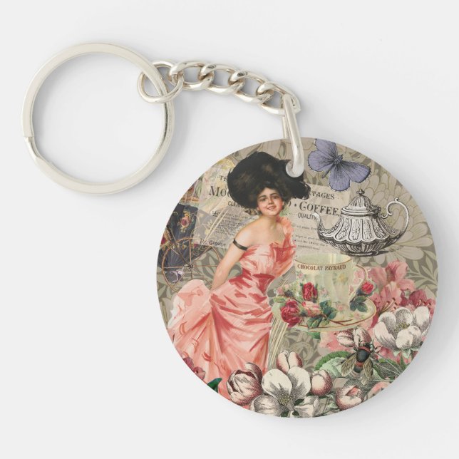 Kaffeemaschine Viktorianische Frau Rosa Klasse Schlüsselanhänger (Vorderseite)