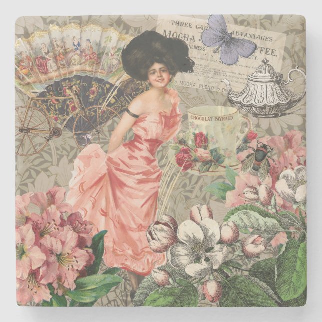 Kaffeemaschine Viktorianische Frau Rosa Klasse Steinuntersetzer (Vorderseite)