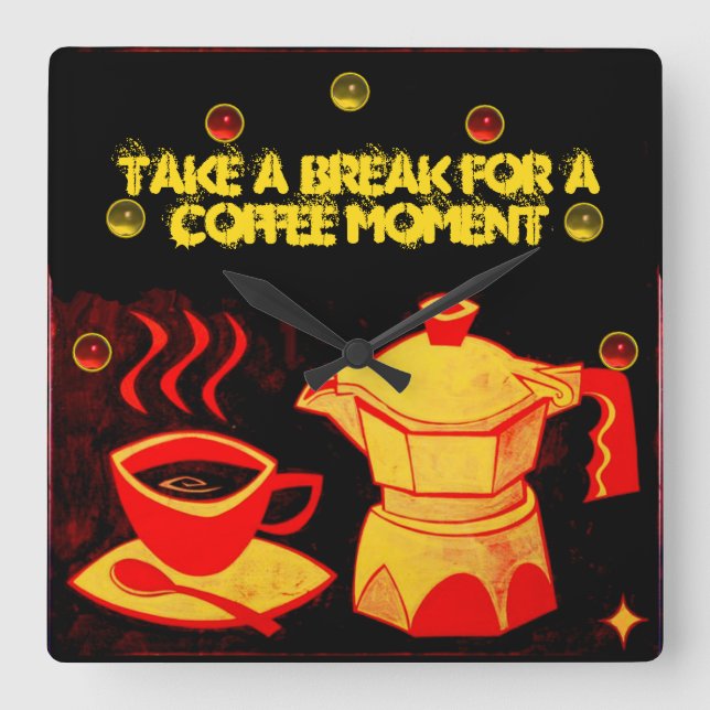 KAFFEEMOMENT / Roter Gelber Kaffeetasse und Kaffee Quadratische Wanduhr (Vorderseite)