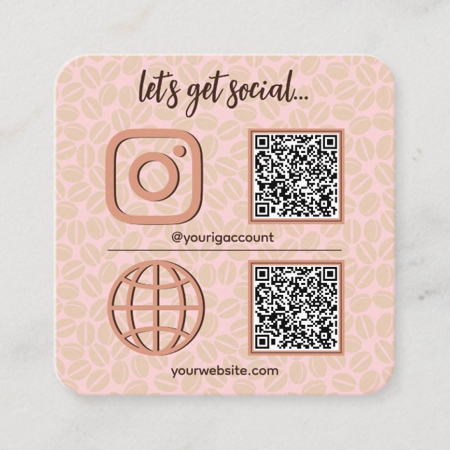 Kaffeemuster Social Media-Sign mit QR-Code Niedlic Quadratische Visitenkarte (Vorderseite)