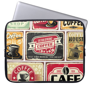 Kaffeeschilder und -etiketten Sammlung. Retro und Laptopschutzhülle