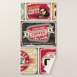 Kaffeeschilder und Etikettenkollektion. Retro und Badehandtuch