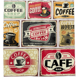 Kaffeeschilder und Etikettenkollektion. Retro und Duschvorhang