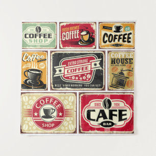 Kaffeeschilder und Etikettenkollektion. Retro und Wandteppich