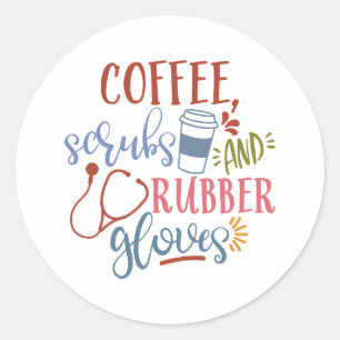 Kaffeeschirbe und Gummihandschuhe für Krankenschw Runder Aufkleber