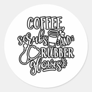 Kaffeeschirbe und Gummihandschuhe für Krankenschw Runder Aufkleber