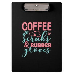 Kaffeeschirbe und Gummihandschuhe Klemmbrett