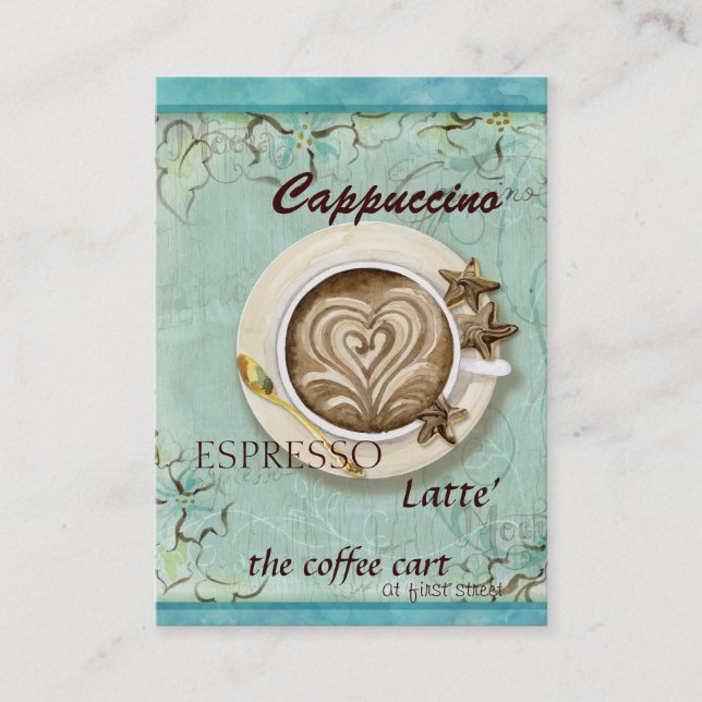 Kaffeeshop Cappuccino, Espresso auf Latte-Karten Visitenkarte (Vorderseite)