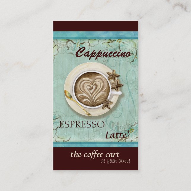 Kaffeeshop Cappuccino, Espresso auf Latte-Karten Visitenkarte (Vorderseite)