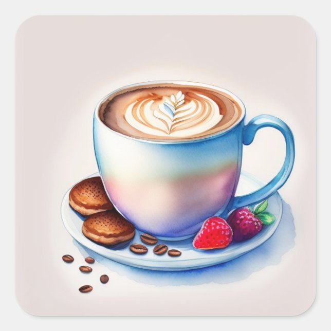 Kaffeetasse Aquarellmalerei Quadratischer Aufkleber (Vorderseite)
