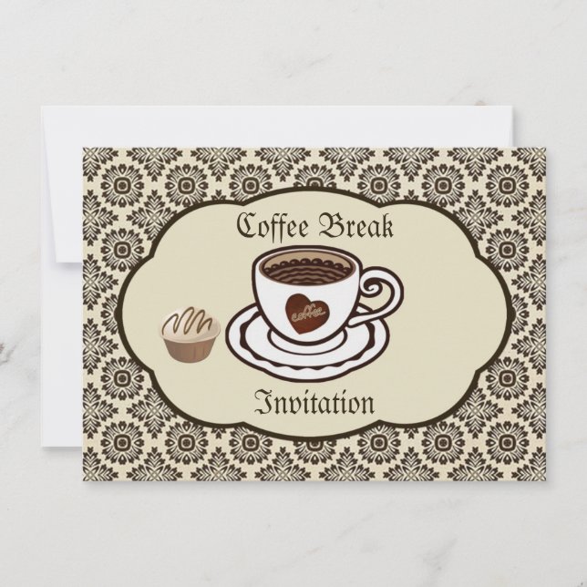 Kaffeetasse, Kuchen auf einem Damast-Muster Party  Einladung (Vorderseite)