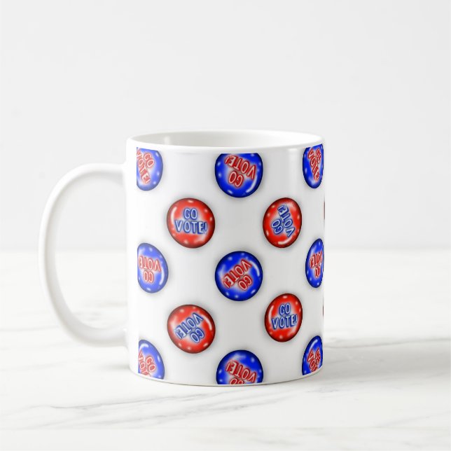 Kaffeetasse mit "Geh wählen"-Nadeln (Links)