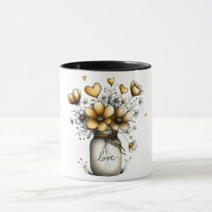 Kaffeetasse mit Mason-Glas voller Blumen