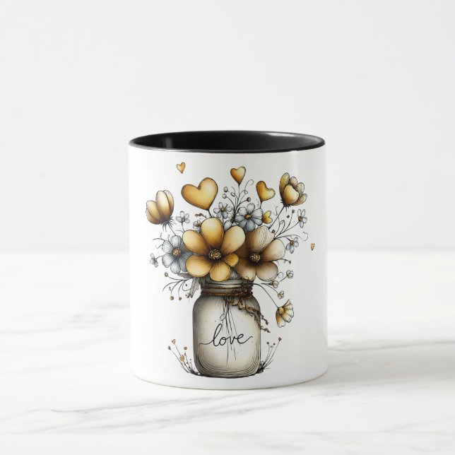 Kaffeetasse mit Mason-Glas voller Blumen (Zentrum)