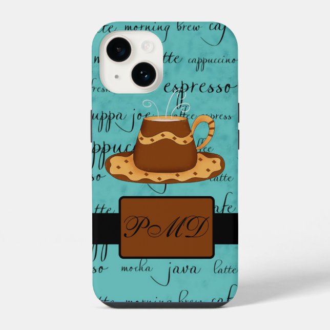 Kaffeetasse Skript Monogramm Name Türkis iPhone 14 Hülle (Rückseite)