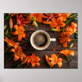 Kaffeetasse umgeben von lebendigen orangefarbenen poster