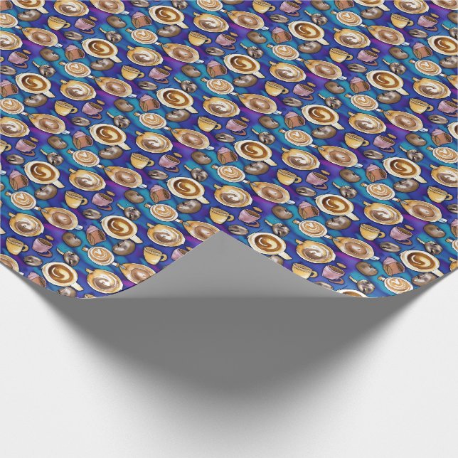 Kaffeetassen auf blauem Wasserfarbenmuster Geschenkpapier (Ecke)
