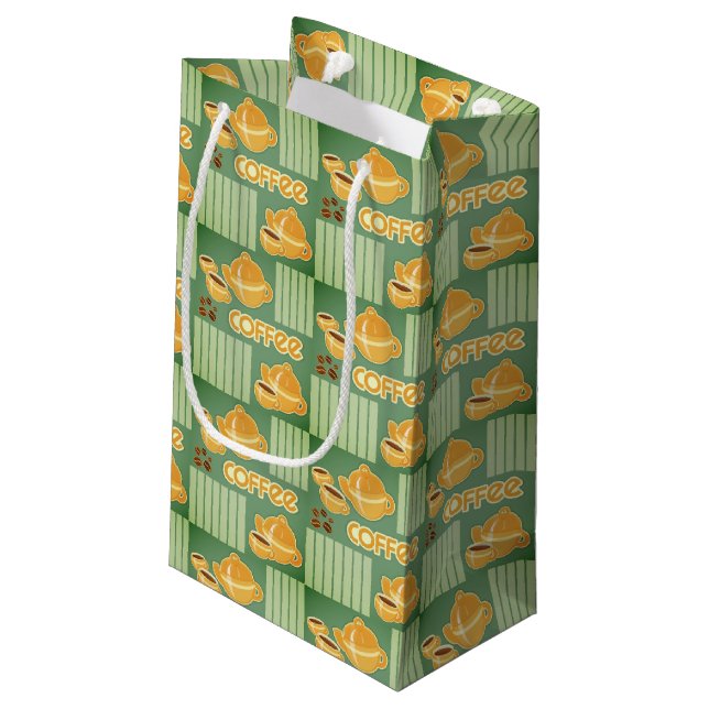 Kaffeetassen, Kaffee-Topf und Kaffeebohnen Kleine Geschenktüte (Rückseite Schrägansicht)
