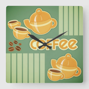 Kaffeetassen, Kaffee-Topf und Kaffeebohnen Quadratische Wanduhr