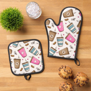 Kaffeetassen, Kaffeebohnen, Herz, Kaffee Lover Ofenhandschuh & Topflappen-Set