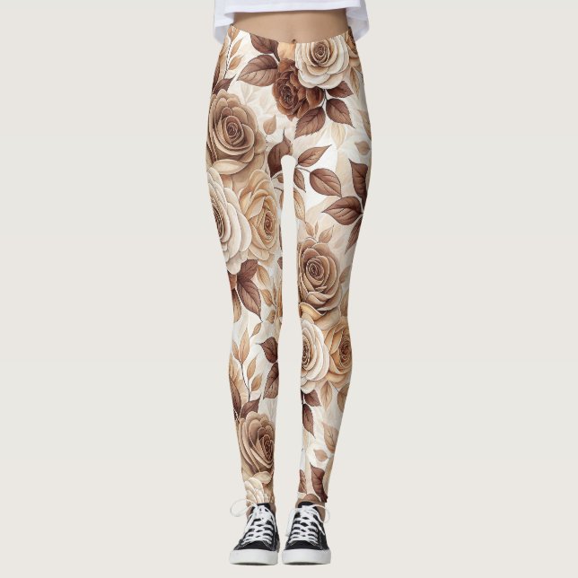 Kaffeetöne Blumenmuster-Rose Leggings (Vorderseite)