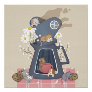Kaffeetrinder und Kätzchen Poster