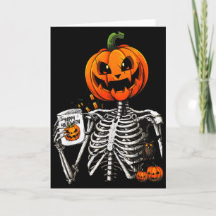 Kaffeetrinkender Skelett-Kürbis-Halloween-Kostüm Karte