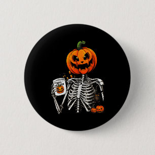 Kaffeetrinkendes Skelett-Kürbis-Halloween-Kostüm Button