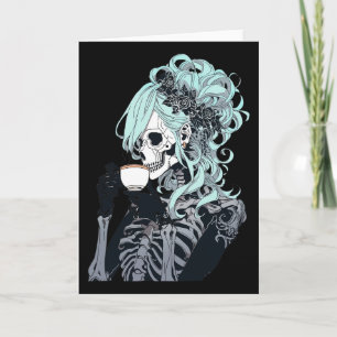 Kaffeetrinkendes Skelett-Unordentlicher-Bun-Hallow Karte