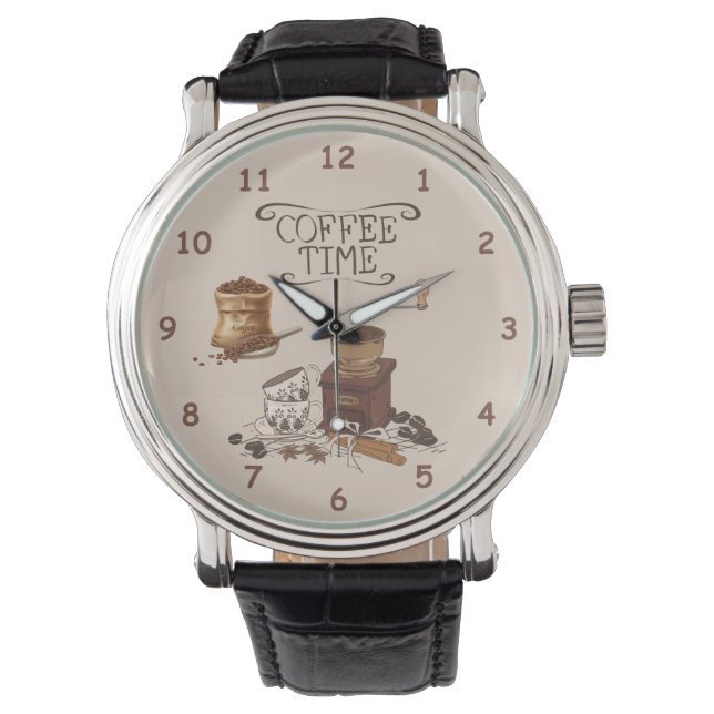Kaffeezeitschleifer und Tasche mit Kaffeebohnen Armbanduhr (Vorderseite)