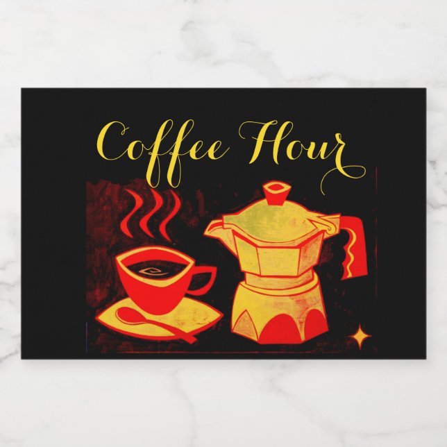 KAFFESTUNDE / Roter Gelber Kaffee-Cup und Coffeepo Lebensmitteletikett (Einzelnes Label)
