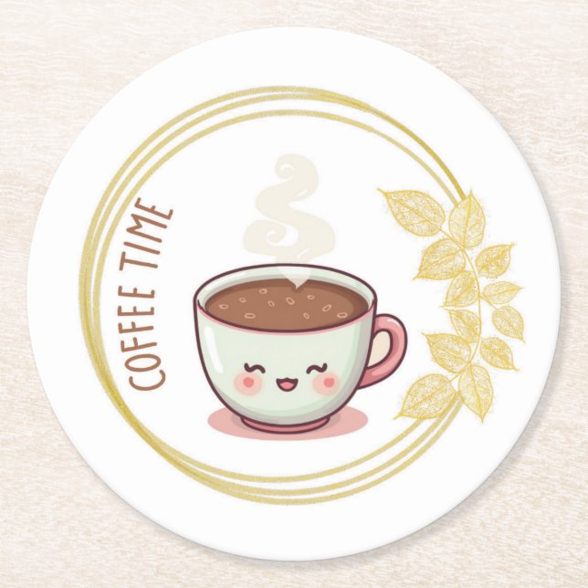 Kaffezeit mit Goldblatt-Unterlage  Runder Pappuntersetzer (Vorderseite)