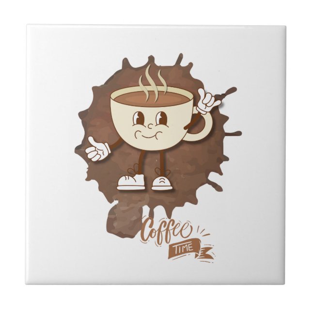 **Kaffezeit – Süße lächelnde Tasse Dampf  Fliese (Vorderseite)