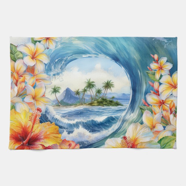 Kai Aloha Hibiscus Watercolor Wave Reversible Geschirrtuch (Horizontal)
