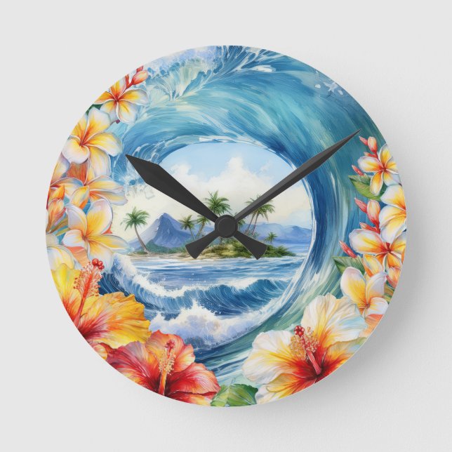 Kai Aloha Hibiskus Wasserfarbenwelle Reversible Runde Wanduhr (Vorderseite)