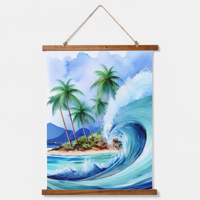 Kai Aloha Island Watercolor Wave Wandteppich Mit Holzrahmen (Vorderseite)