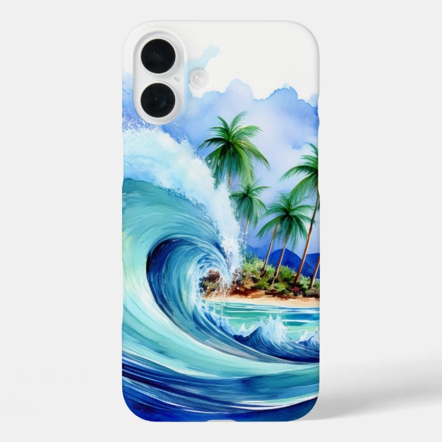 Kai Aloha Palms Watercolor Wave iPhone 16 Plus Hülle (Rückseite)