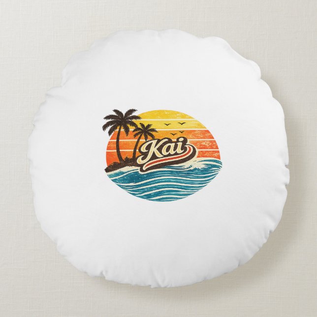 Kai Retro Sunset Name Design Rundes Kissen (Vorderseite)