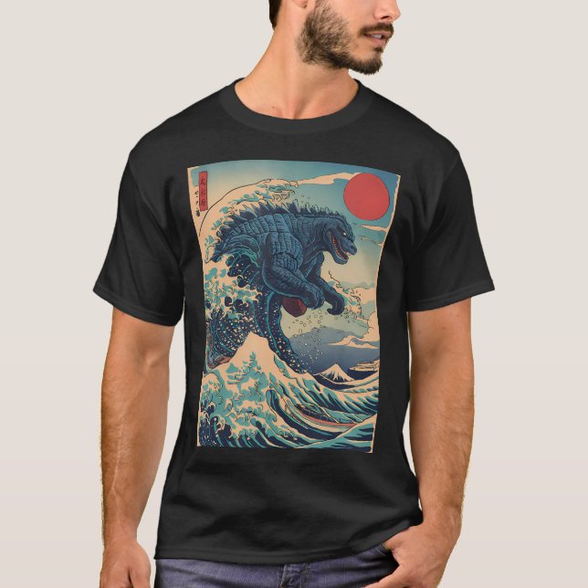 Kaiju Monster Japanischer Stil Art Great Wave Off  T-Shirt (Vorderseite)