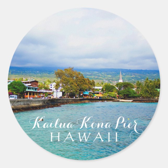 Kailua Kona Pier Hawaii Oil Paint Digital Art Runder Aufkleber (Vorderseite)