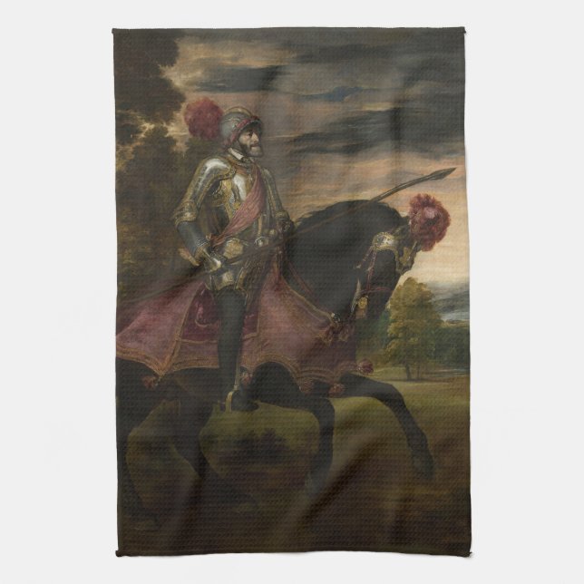 Kaiser Charles V. auf Horseback (von Tizian) Geschirrtuch (Vertikal)