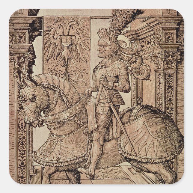 Kaiser Maximilian I. reitet auf einem Pferd, 1518 Quadratischer Aufkleber (Vorderseite)