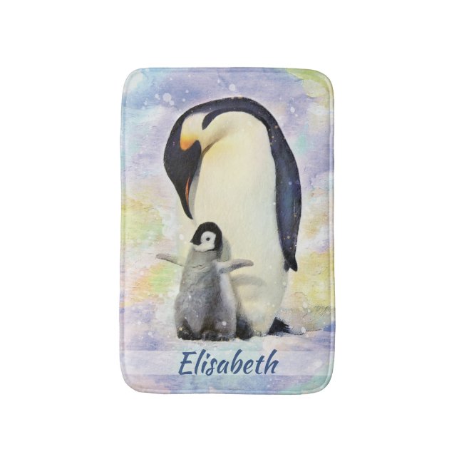 Kaiser-Pinguin mit Baby-Küken-Aquarell Badematte (Vorderseite Vertikal)