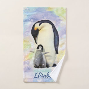 Kaiser-Pinguin mit Baby-Küken-Aquarell Badhandtuch Set