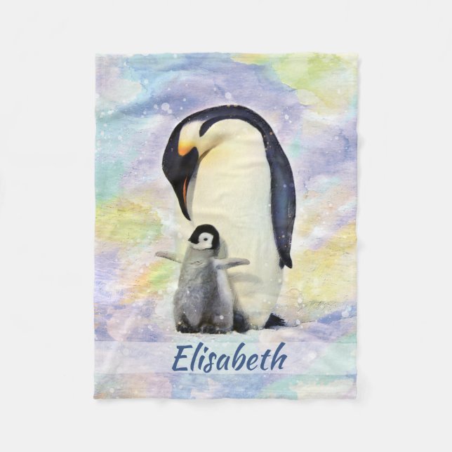 Kaiser-Pinguin mit Baby-Küken-Aquarell Fleecedecke (Vorderseite)