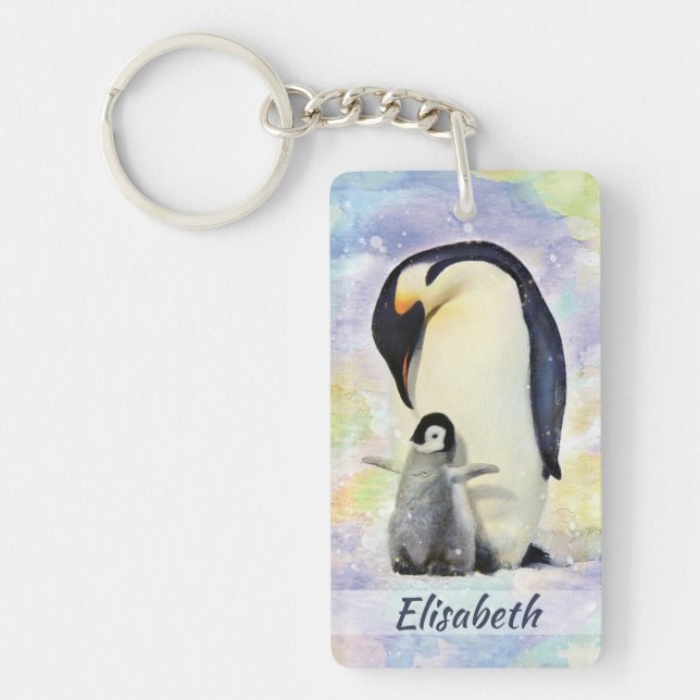 Kaiser-Pinguin mit Baby-Küken-Aquarell Schlüsselanhänger (Vorderseite)
